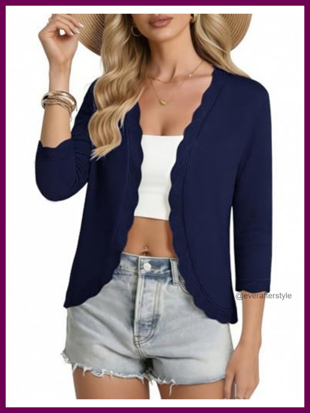 Lightweight Knit Shrug Cardigan 3/4 Sleeve Scalloped Trim Open Front Bolero